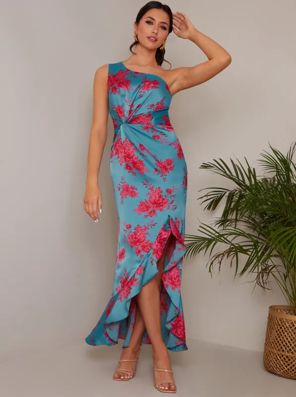 One Shoulder Floral Printed Midi Dress in Blue made by Chi Chi London