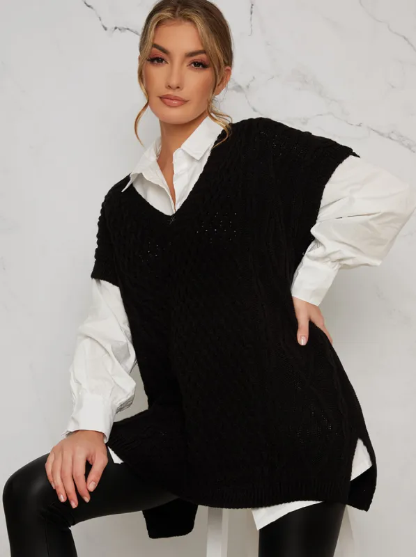 Chunky Cable Knit Oversized Sleeveless Tank Top in Black sold by Chi Chi London