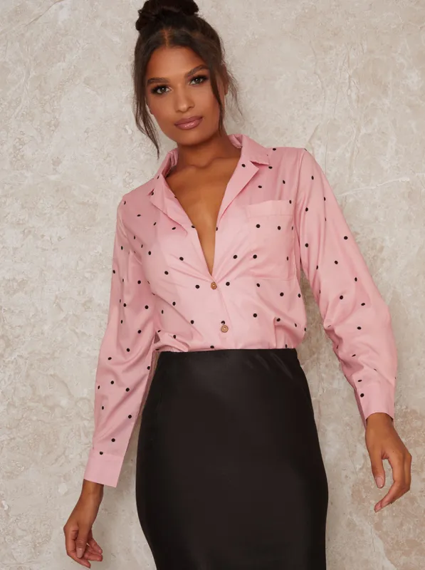 Long Sleeve Spot Print Shirt in Pink sold by Chi Chi London