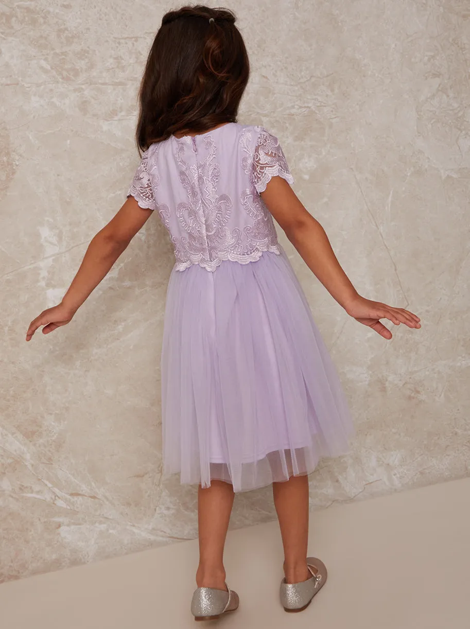Girls Lace Overlay Dress with Mesh Skirt in Lilac sold by Chi Chi London product image thumbnail 4