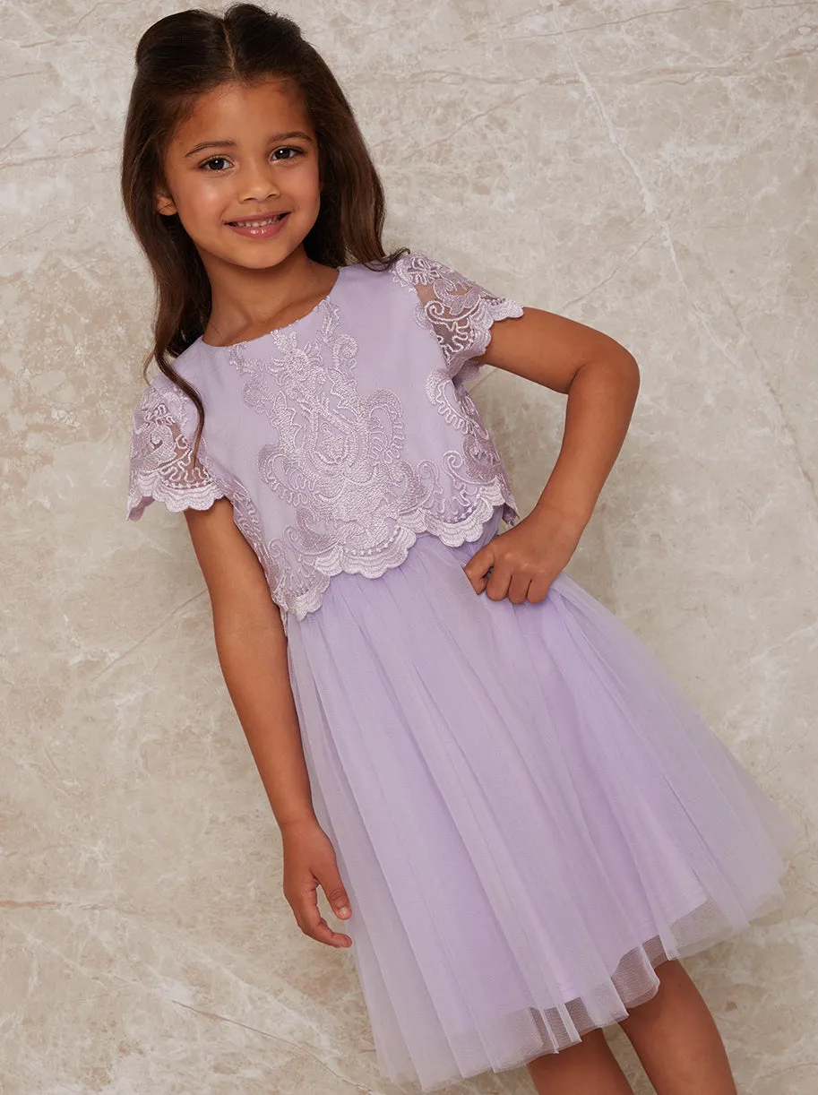 Girls Lace Overlay Dress with Mesh Skirt in Lilac sold by Chi Chi London product image thumbnail 2