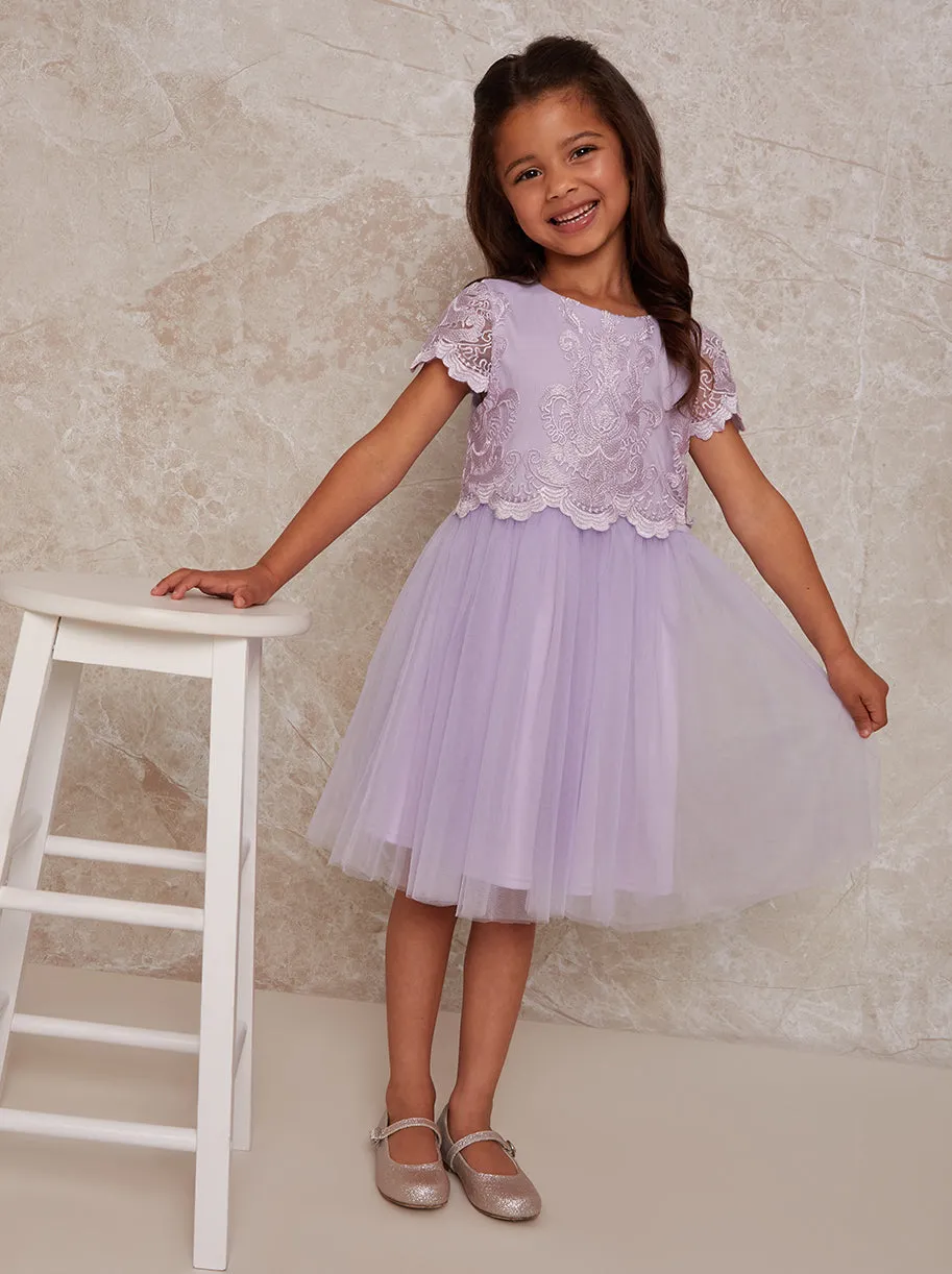 Girls Lace Overlay Dress with Mesh Skirt in Lilac sold by Chi Chi London product image thumbnail 3