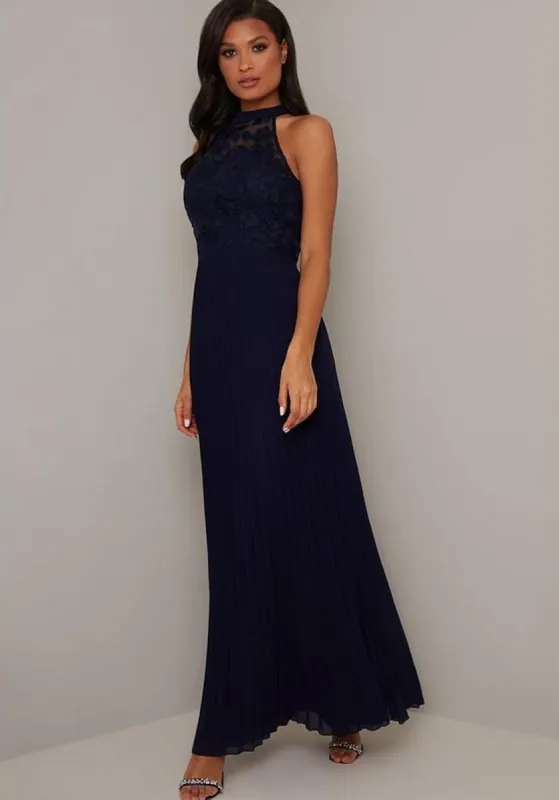 Halter Neck Embroidered Bodice Maxi Dress in Navy sold by Chi Chi London