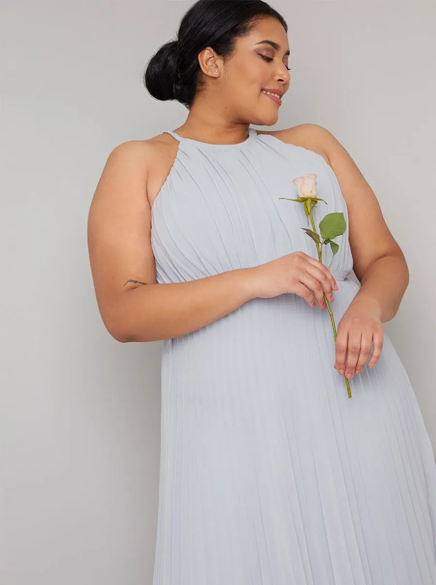 Plus Size Halterneck Pleat Detail Maxi Dress in Blue sold by Chi Chi London