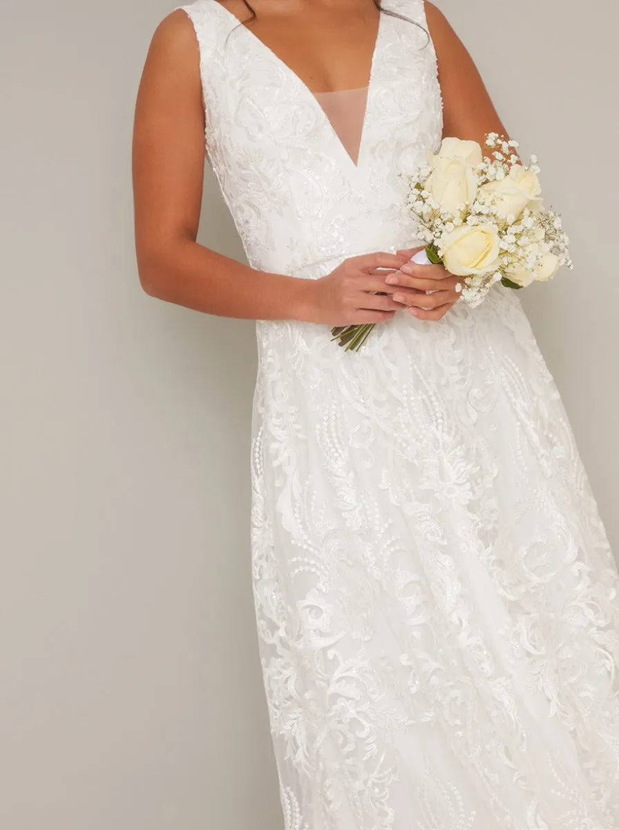 Petite Lace V Neck Maxi Wedding Dress in White sold by Chi Chi London product image thumbnail 3