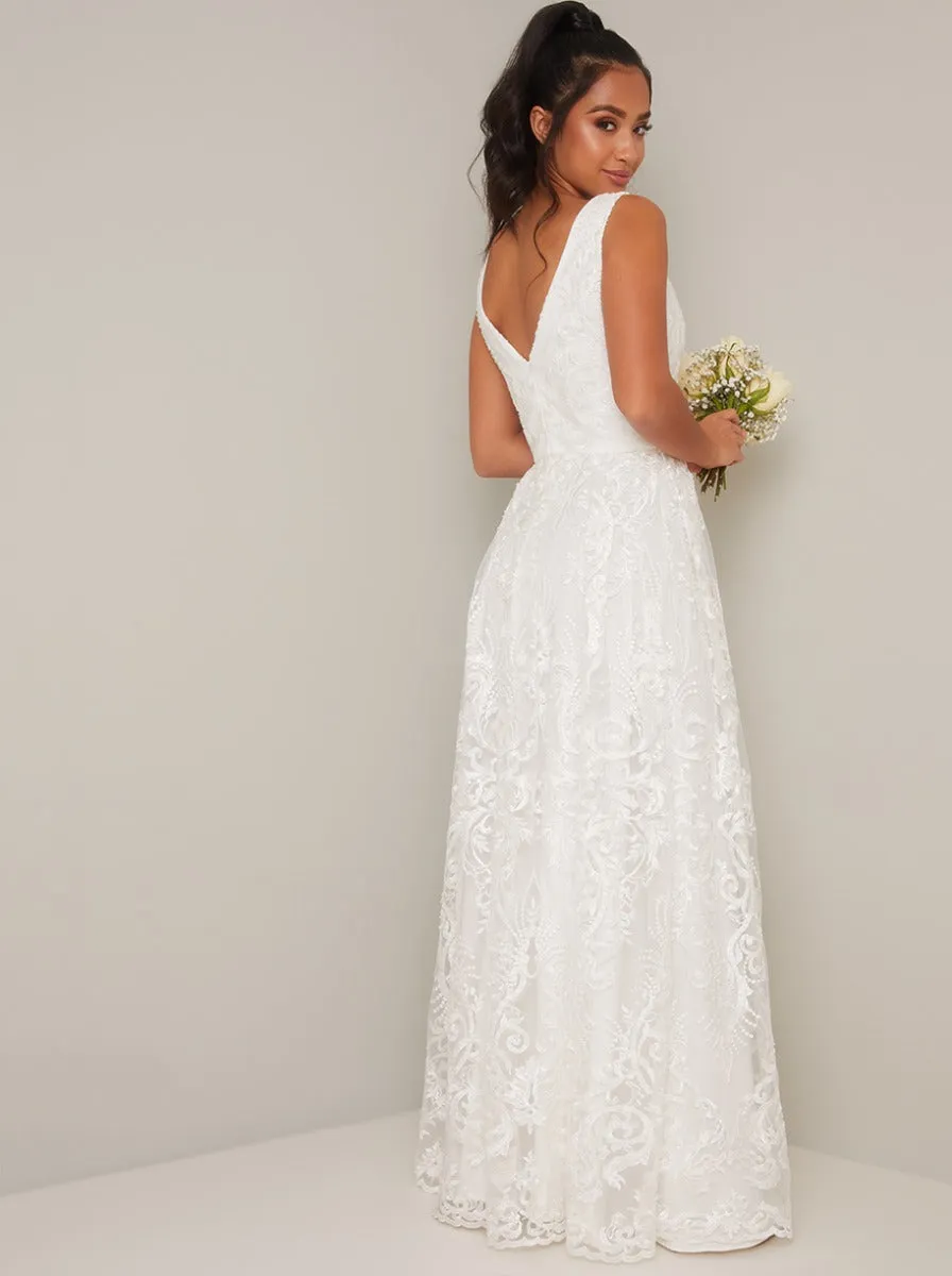 Petite Lace V Neck Maxi Wedding Dress in White sold by Chi Chi London product image thumbnail 4