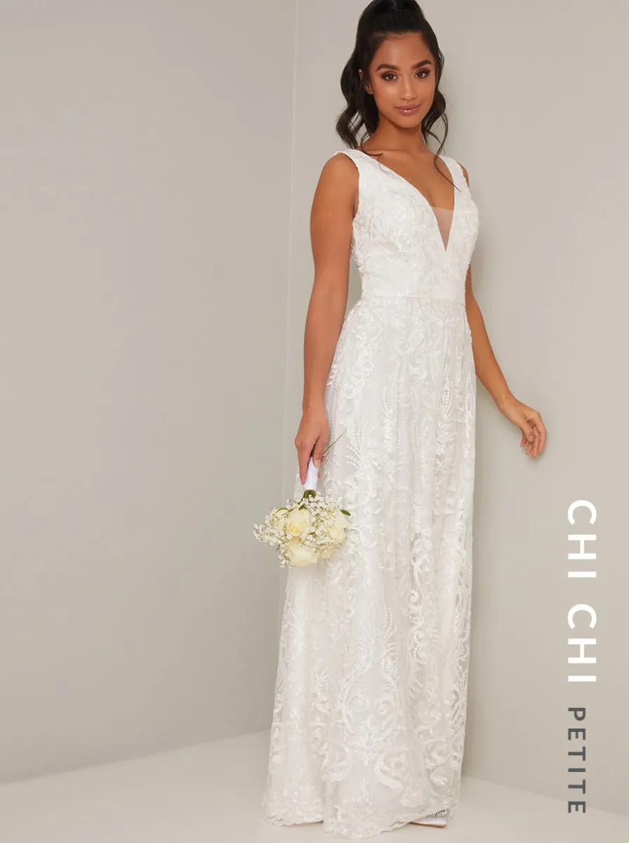 Petite Lace V Neck Maxi Wedding Dress in White sold by Chi Chi London product image thumbnail 2