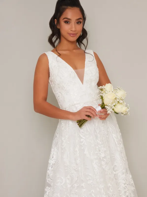 Petite Lace V Neck Maxi Wedding Dress in White made by Chi Chi London