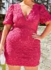 Plus Size Puff Sleeve Premium Lace Mini Dress in Pink sold by Chi Chi London