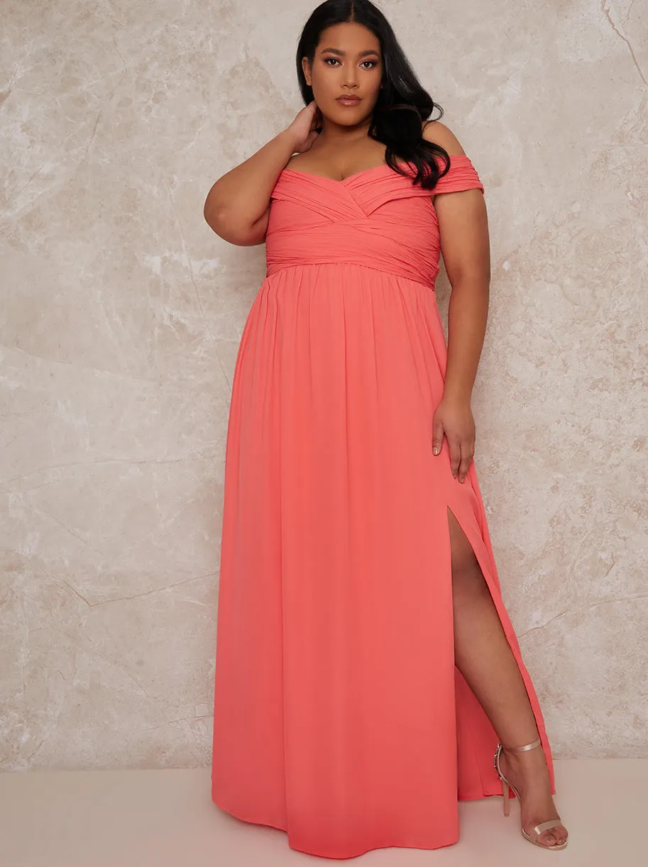 Plus Size Bardot Ruched Dress in Orange sold by Chi Chi London