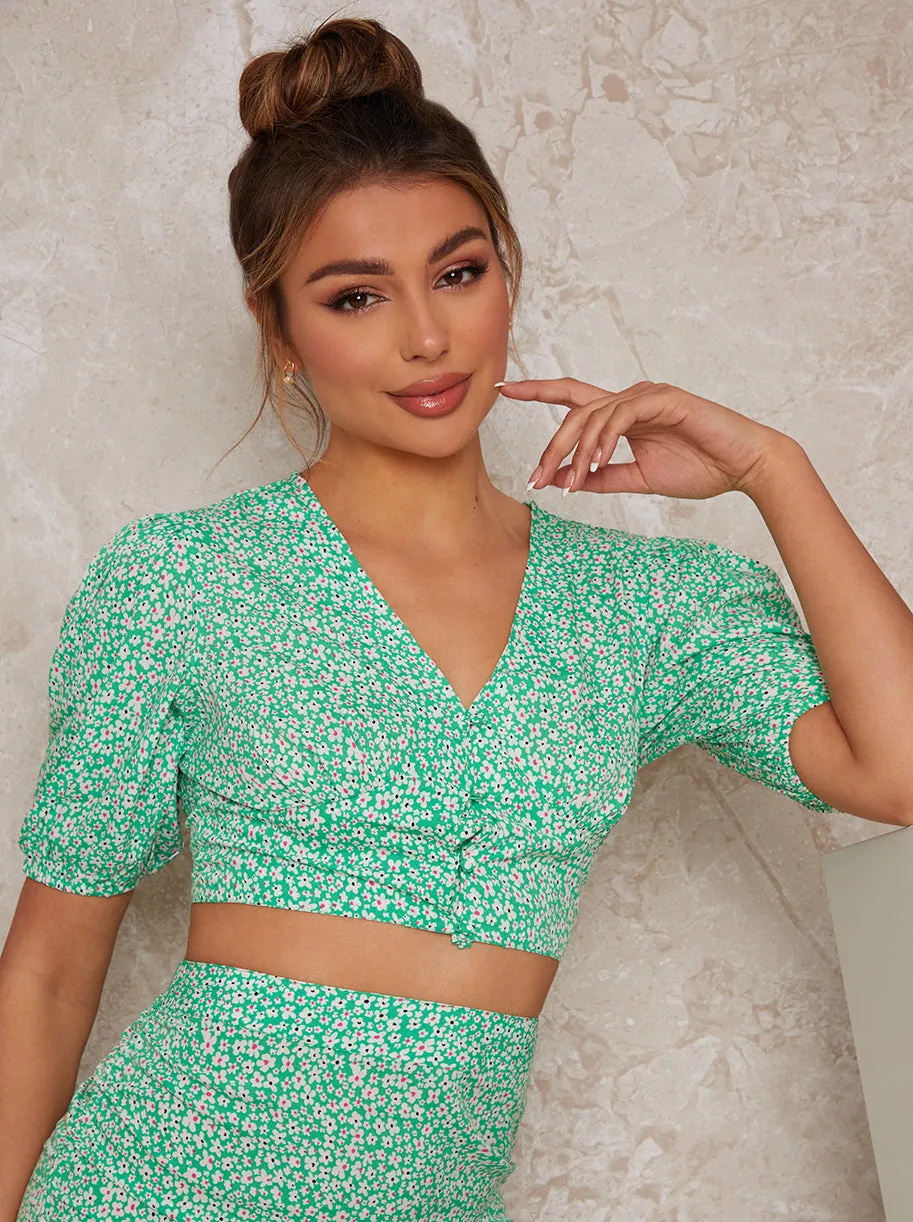 Puff Sleeve Button Up Floral Print Crop Top in Green sold by Chi Chi London