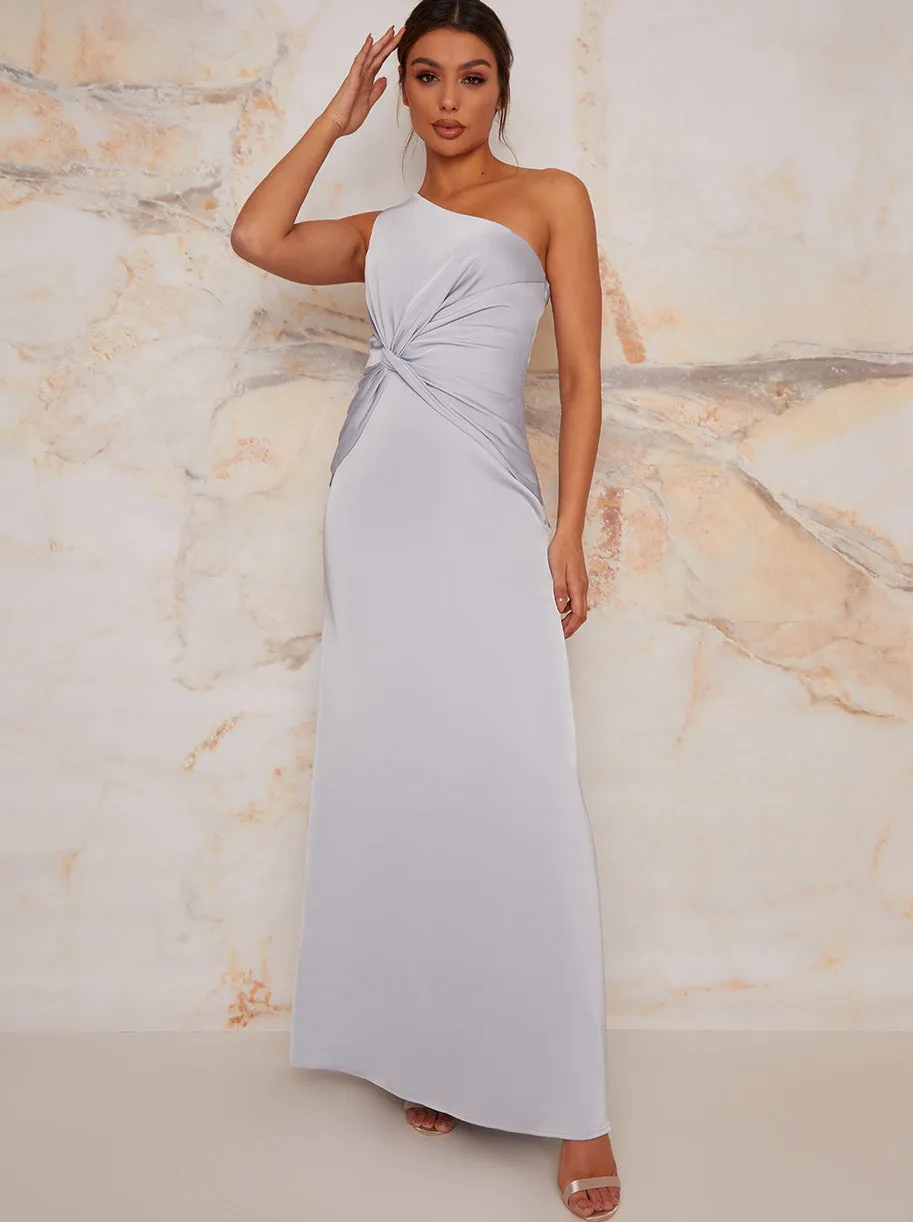 One Shoulder Satin Finish Maxi Dress in Blue sold by Chi Chi London