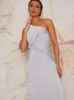 One Shoulder Satin Finish Maxi Dress in Blue sold by Chi Chi London