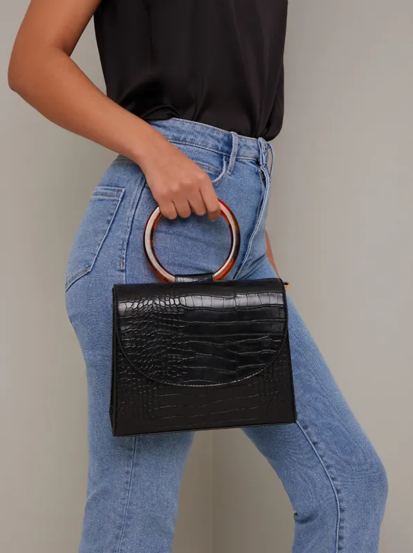 Croc Tortoiseshell Grab Handle Handbag in Black sold by Chi Chi London