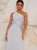 One Shoulder Satin Finish Maxi Dress in Blue sold by Chi Chi London