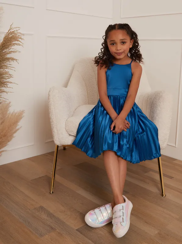 Younger Girls Pleated Satin Dress in Blue sold by Chi Chi London