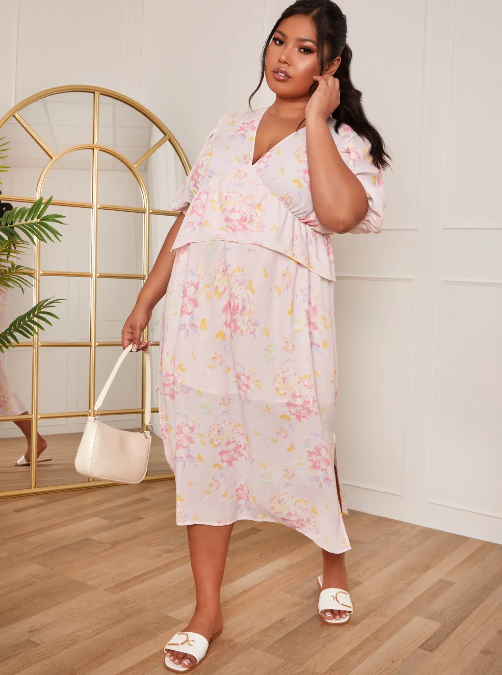 Plus Size Short Sleeve Floral Printed Midi Dress in Pink sold by Chi Chi London