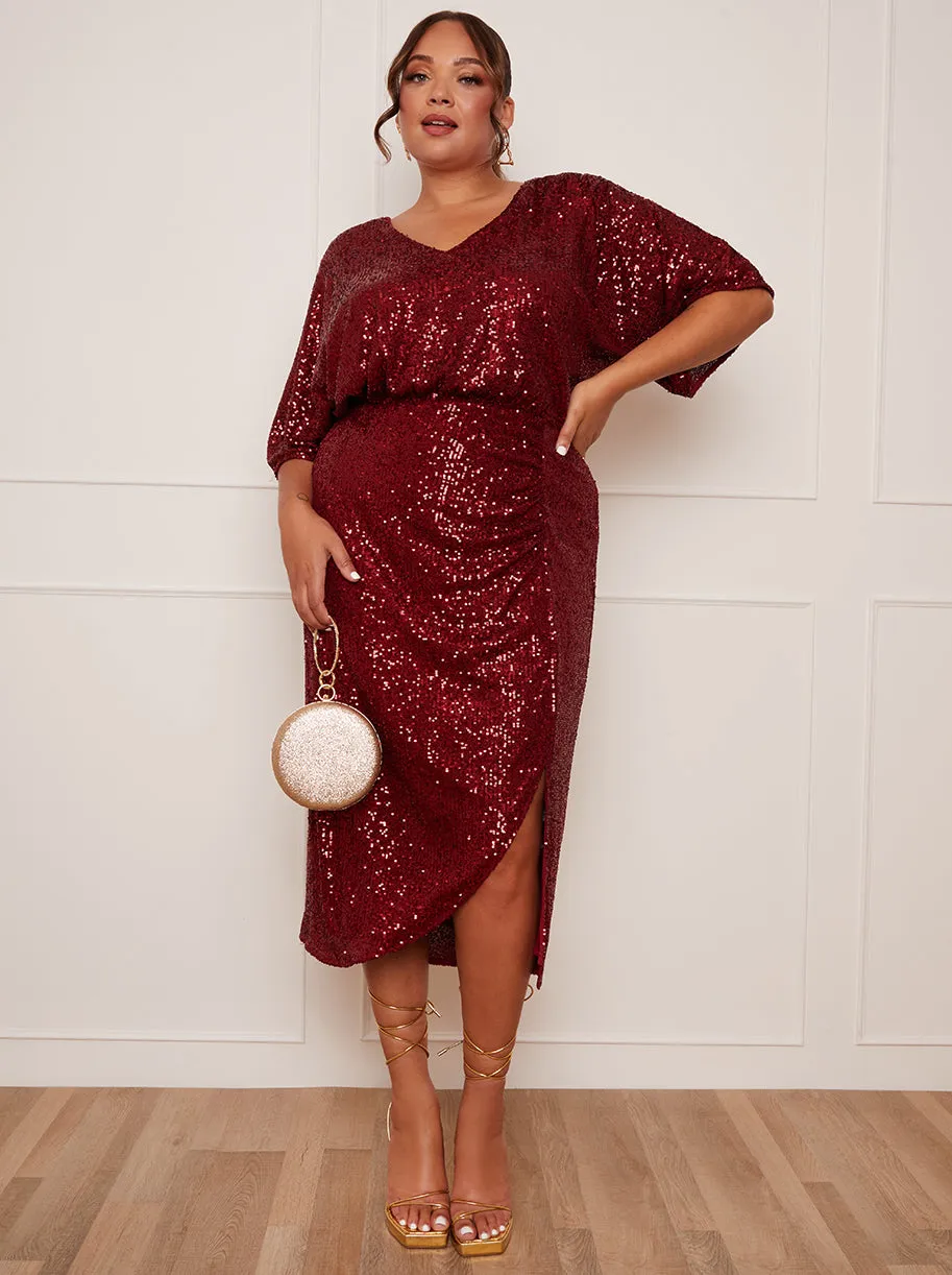 Plus Size V Neck Sequin Midi Dress in Red sold by Chi Chi London