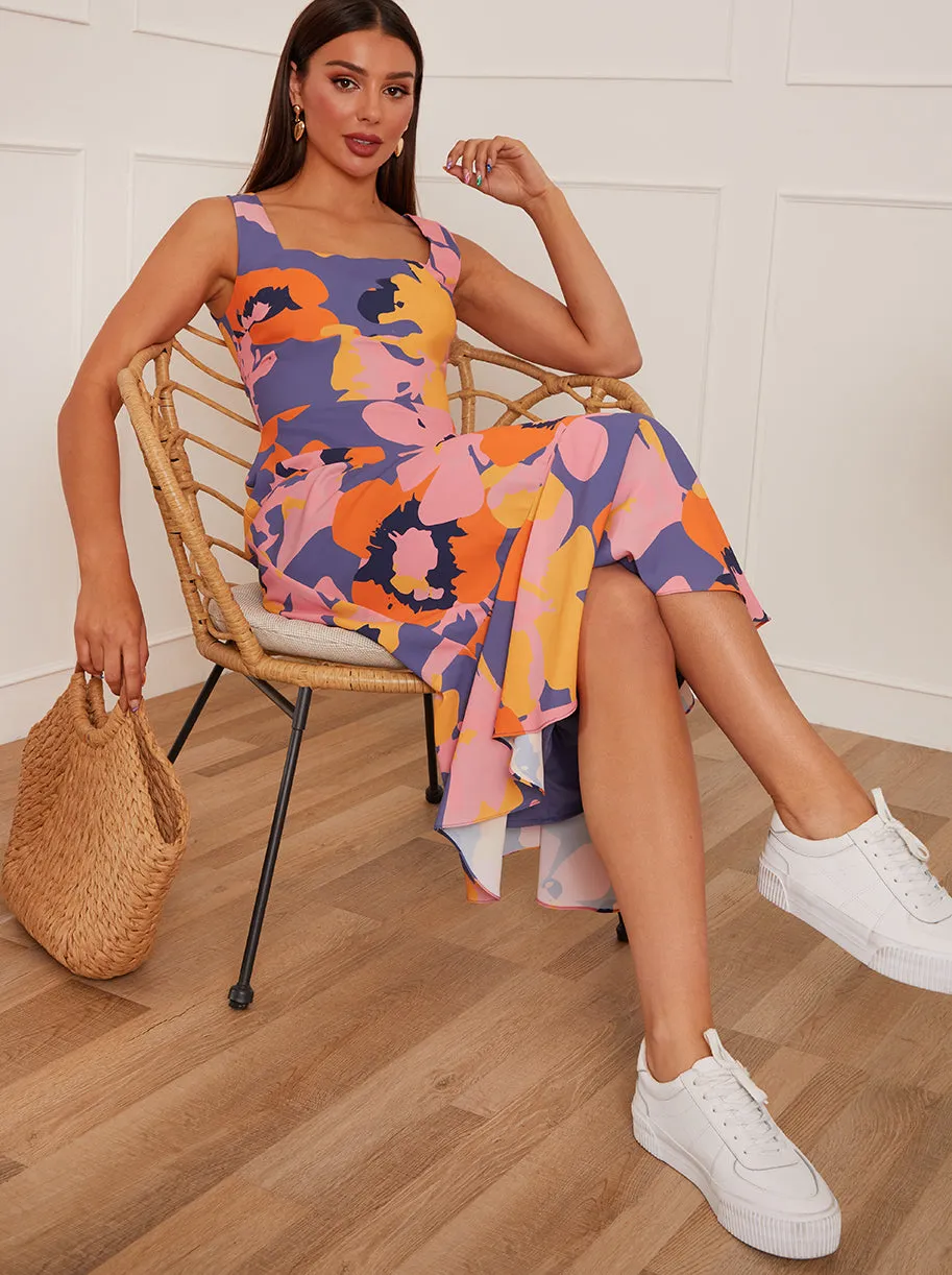 Square Neck Abstract Floral Print Midi Dress in Blue sold by Chi Chi London product image thumbnail 3