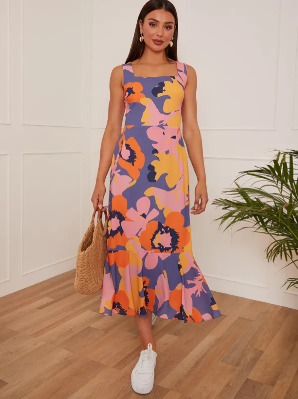 Square Neck Abstract Floral Print Midi Dress in Blue sold by Chi Chi London