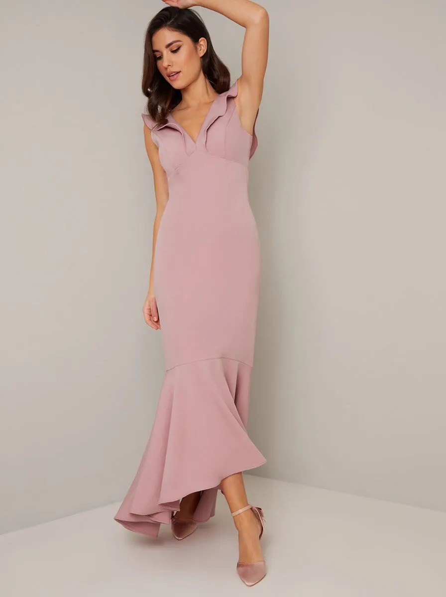 Frill Detail Bodycon Maxi Dip Hem Dress in Pink sold by Chi Chi London