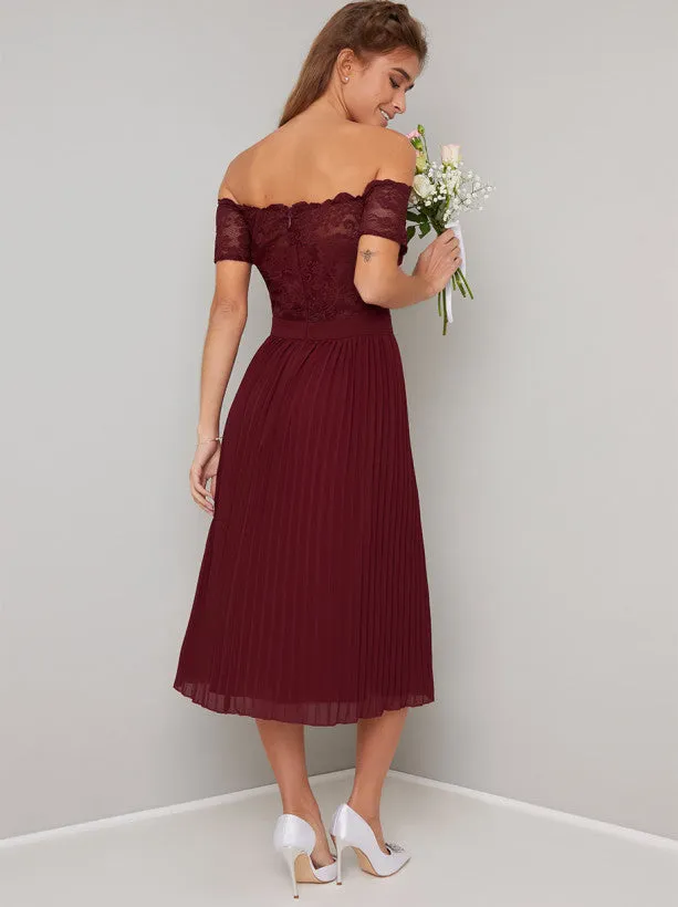 Petite Lace Bardot Pleat Midi Dress in Red sold by Chi Chi London product image thumbnail 3