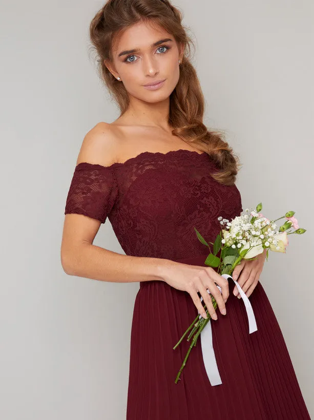 Petite Lace Bardot Pleat Midi Dress in Red sold by Chi Chi London product image thumbnail 2