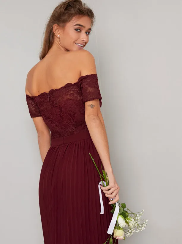 Petite Lace Bardot Pleat Midi Dress in Red sold by Chi Chi London product image thumbnail 4