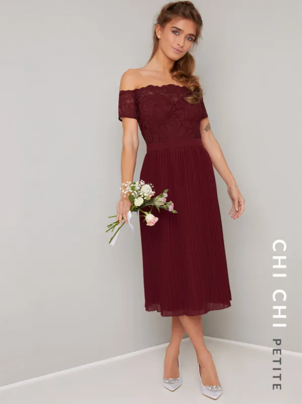 Petite Lace Bardot Pleat Midi Dress in Red sold by Chi Chi London