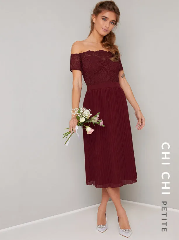 Petite Lace Bardot Pleat Midi Dress in Red sold by Chi Chi London