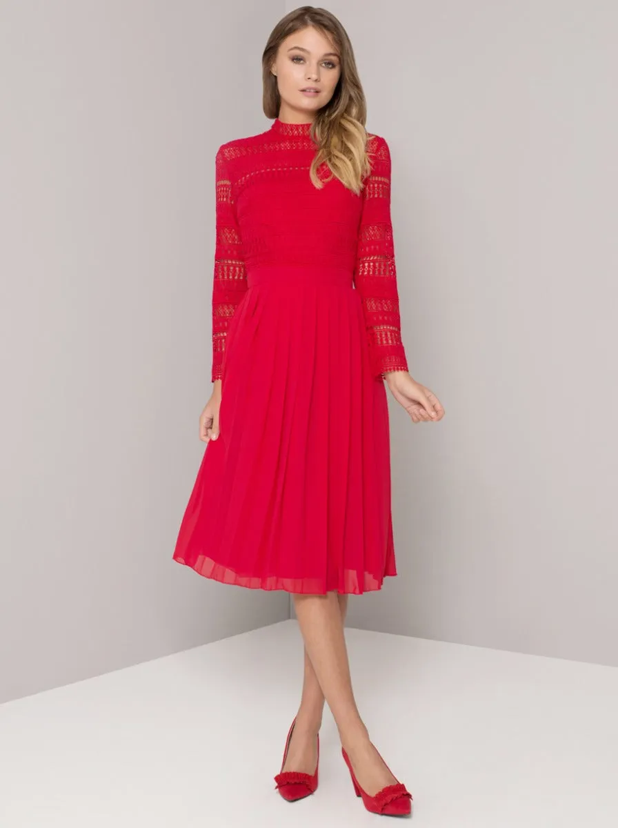 High Neck Long Sleeved Crochet Pleat Midi Dress in Red sold by Chi Chi London product image thumbnail 2