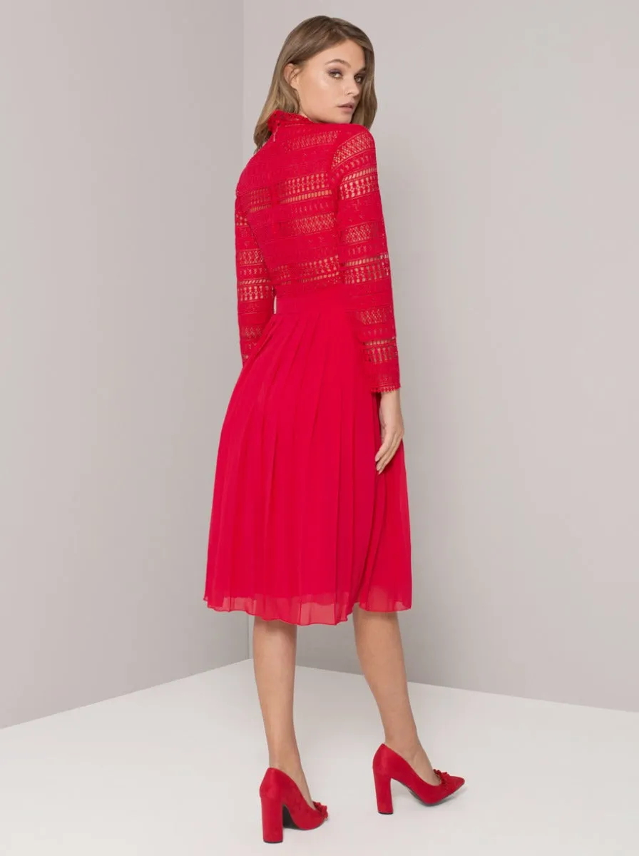 High Neck Long Sleeved Crochet Pleat Midi Dress in Red sold by Chi Chi London product image thumbnail 3