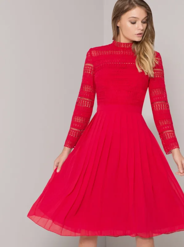 High Neck Long Sleeved Crochet Pleat Midi Dress in Red sold by Chi Chi London