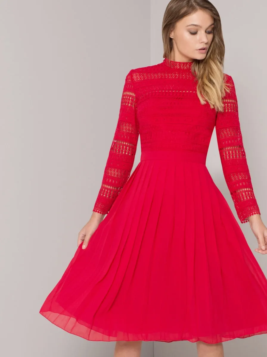 High Neck Long Sleeved Crochet Pleat Midi Dress in Red sold by Chi Chi London