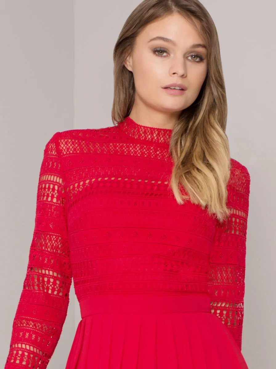 High Neck Long Sleeved Crochet Pleat Midi Dress in Red sold by Chi Chi London product image thumbnail 4