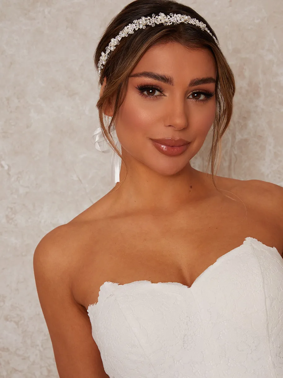 Pearl & Diamante Floral Beaded Hair Piece in Silver sold by Chi Chi London