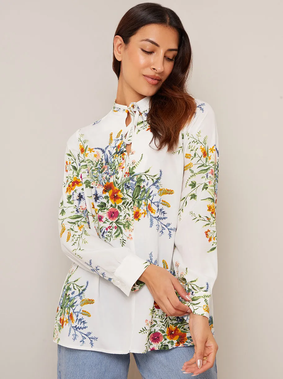 Long Sleeve High Neck Floral Top in White sold by Chi Chi London