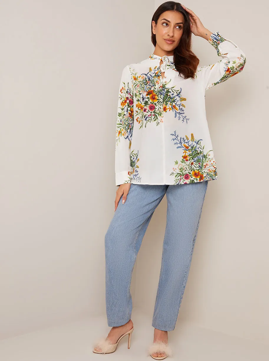 Long Sleeve High Neck Floral Top in White sold by Chi Chi London product image thumbnail 2