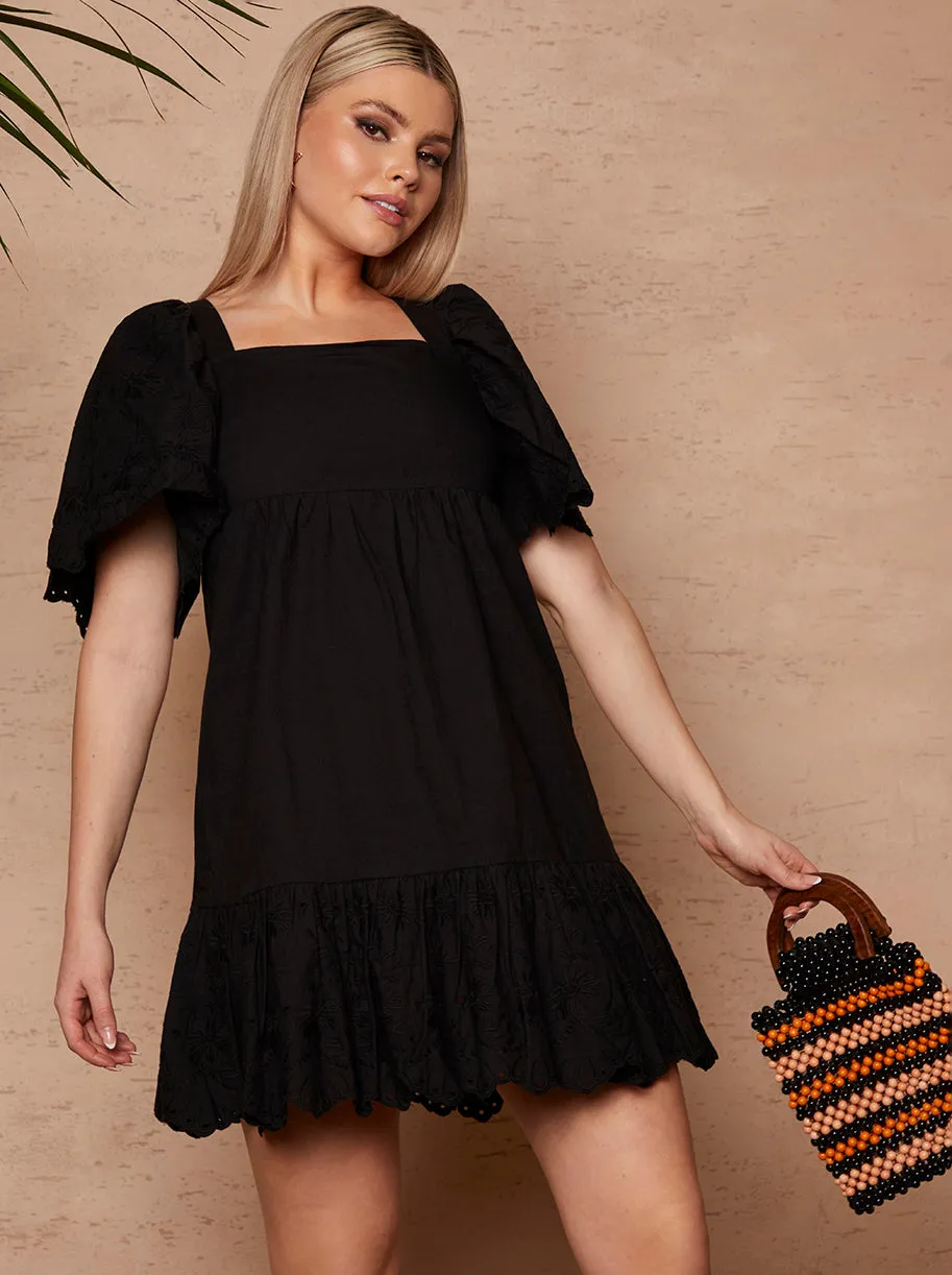 Broderie Anglaise Sleeve Poplin Mini Dress in Black sold by Chi Chi London product image thumbnail 4
