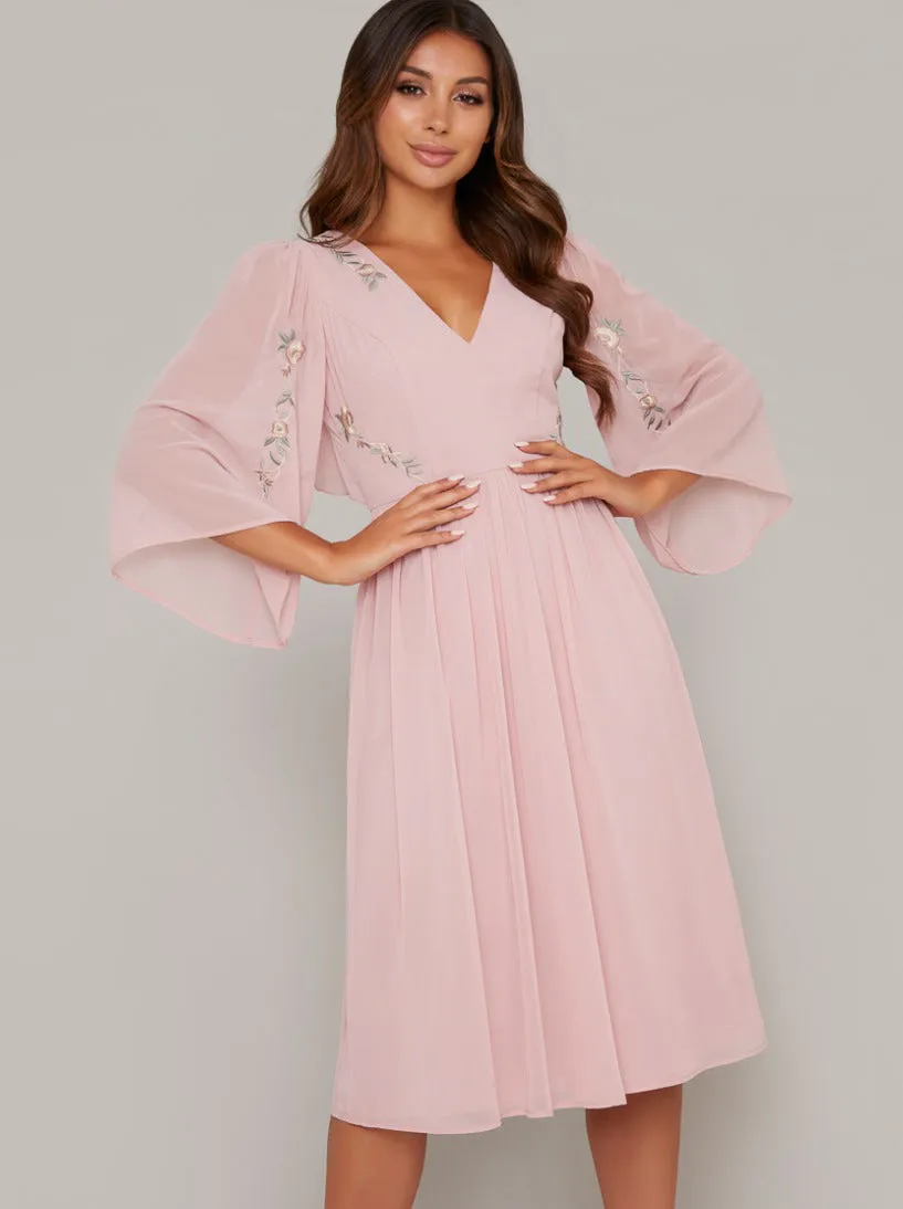 Flare Sleeved Embroidered Midi Dress in Pink sold by Chi Chi London product image thumbnail 4