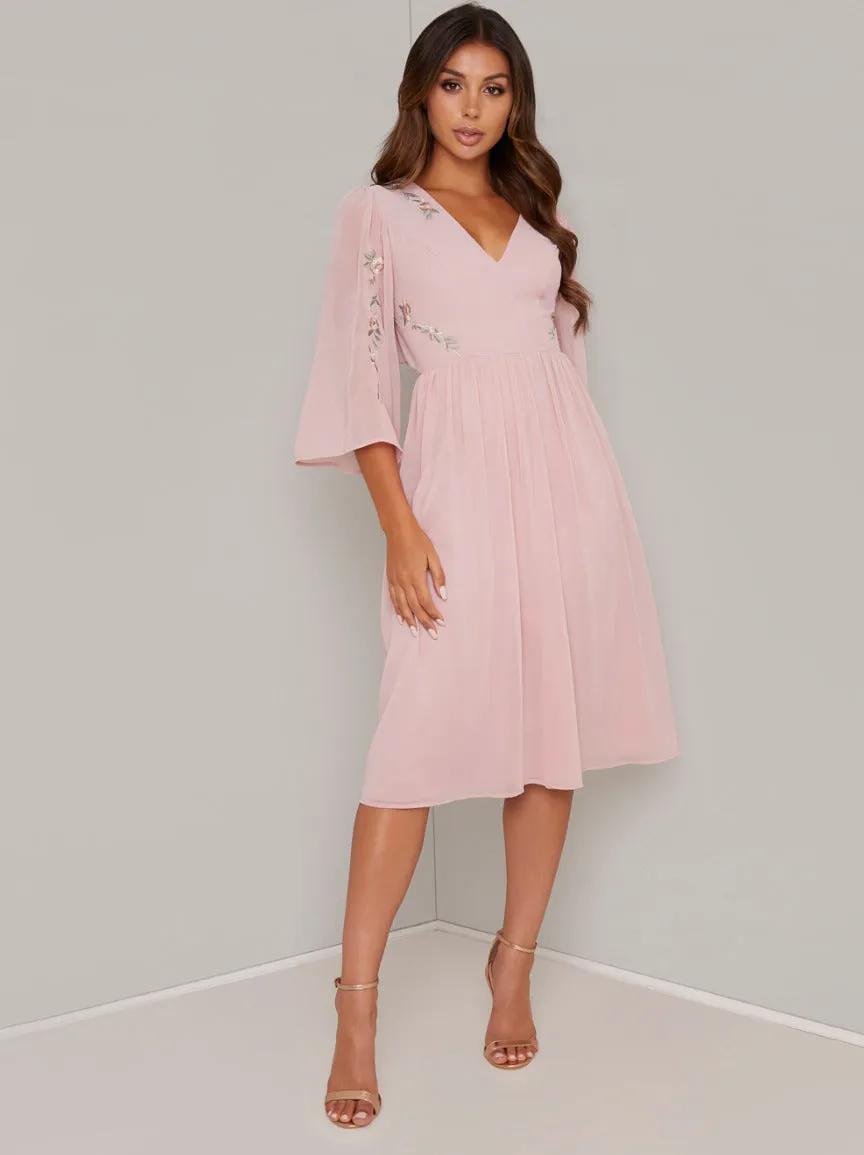 Flare Sleeved Embroidered Midi Dress in Pink sold by Chi Chi London