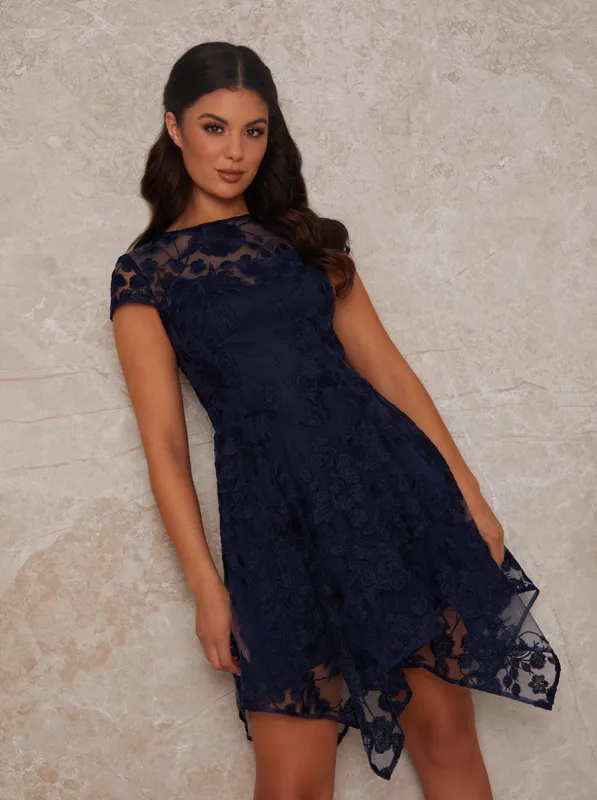 Floral Embroidered Mesh Midi Dress in Navy sold by Chi Chi London