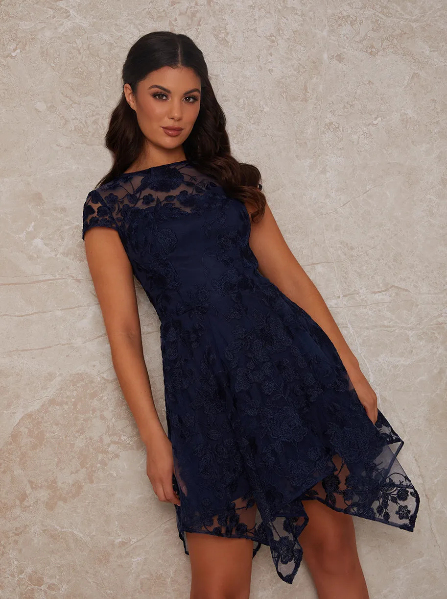 Floral Embroidered Mesh Midi Dress in Navy sold by Chi Chi London