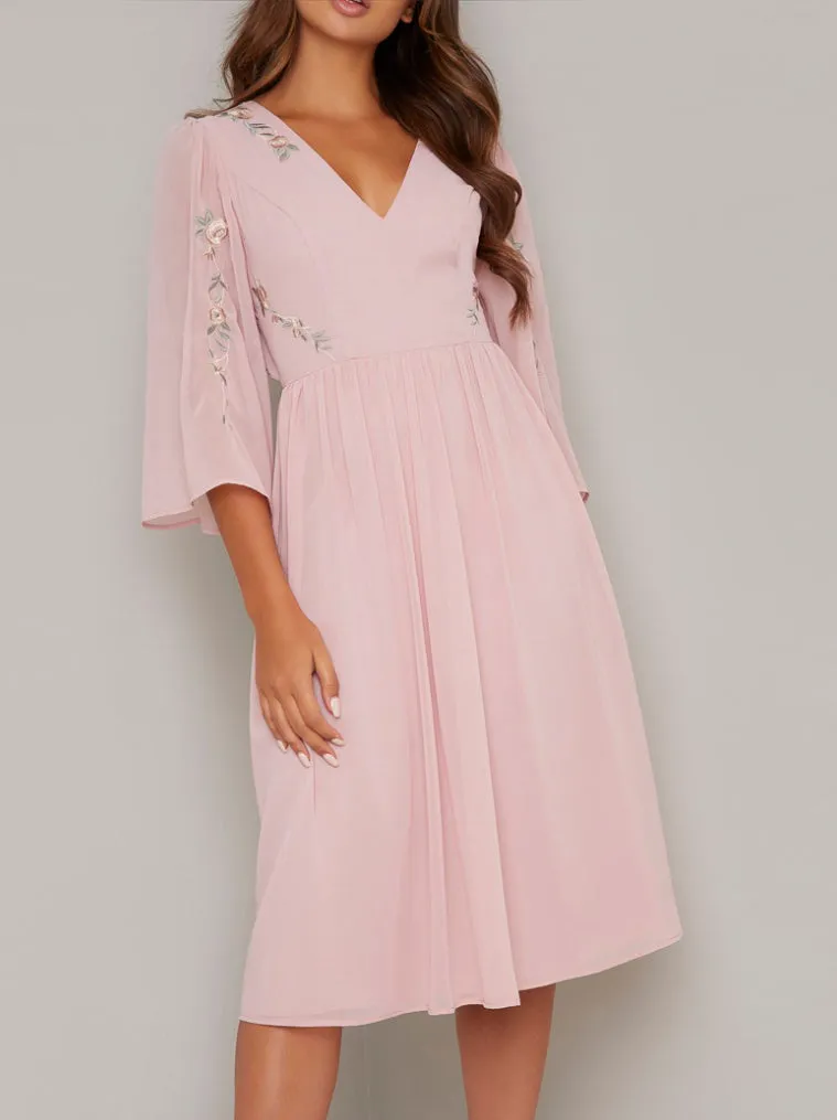 Flare Sleeved Embroidered Midi Dress in Pink sold by Chi Chi London product image thumbnail 3