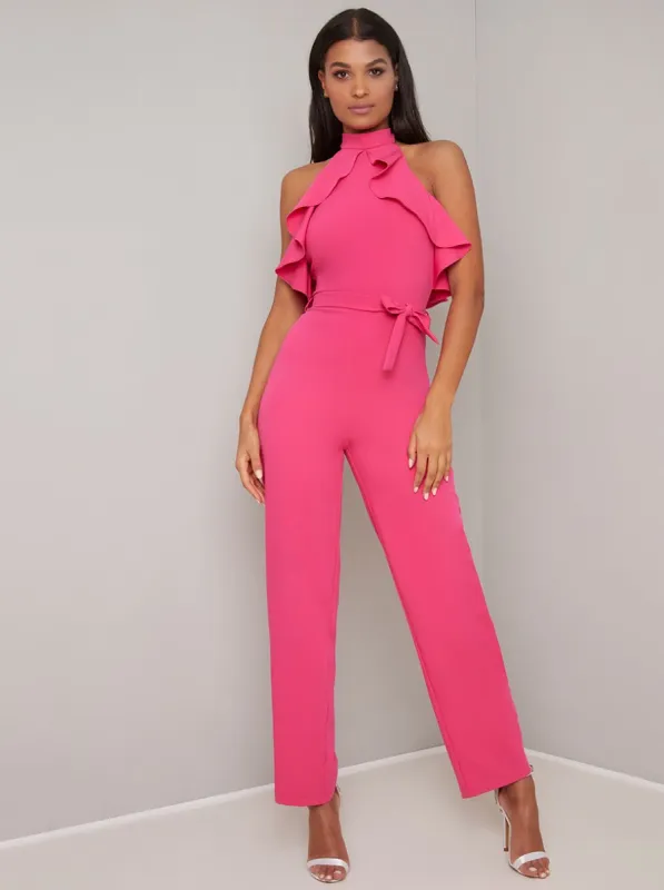 Halterneck Ruffle Detail Wide Leg Jumpsuit in Fuschia sold by Chi Chi London