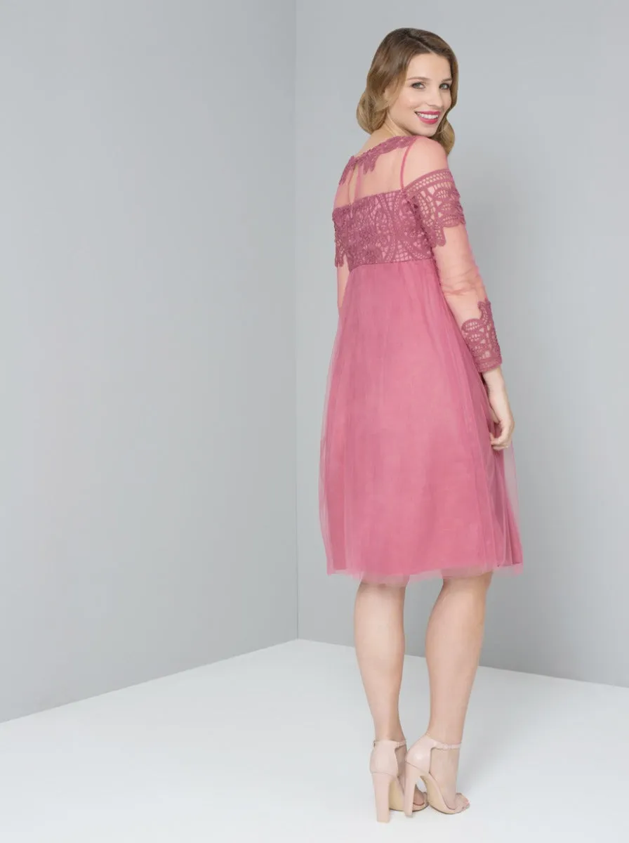 Maternity Sheer Sleeve Lace Tulle Midi Dress in Pink sold by Chi Chi London product image thumbnail 4
