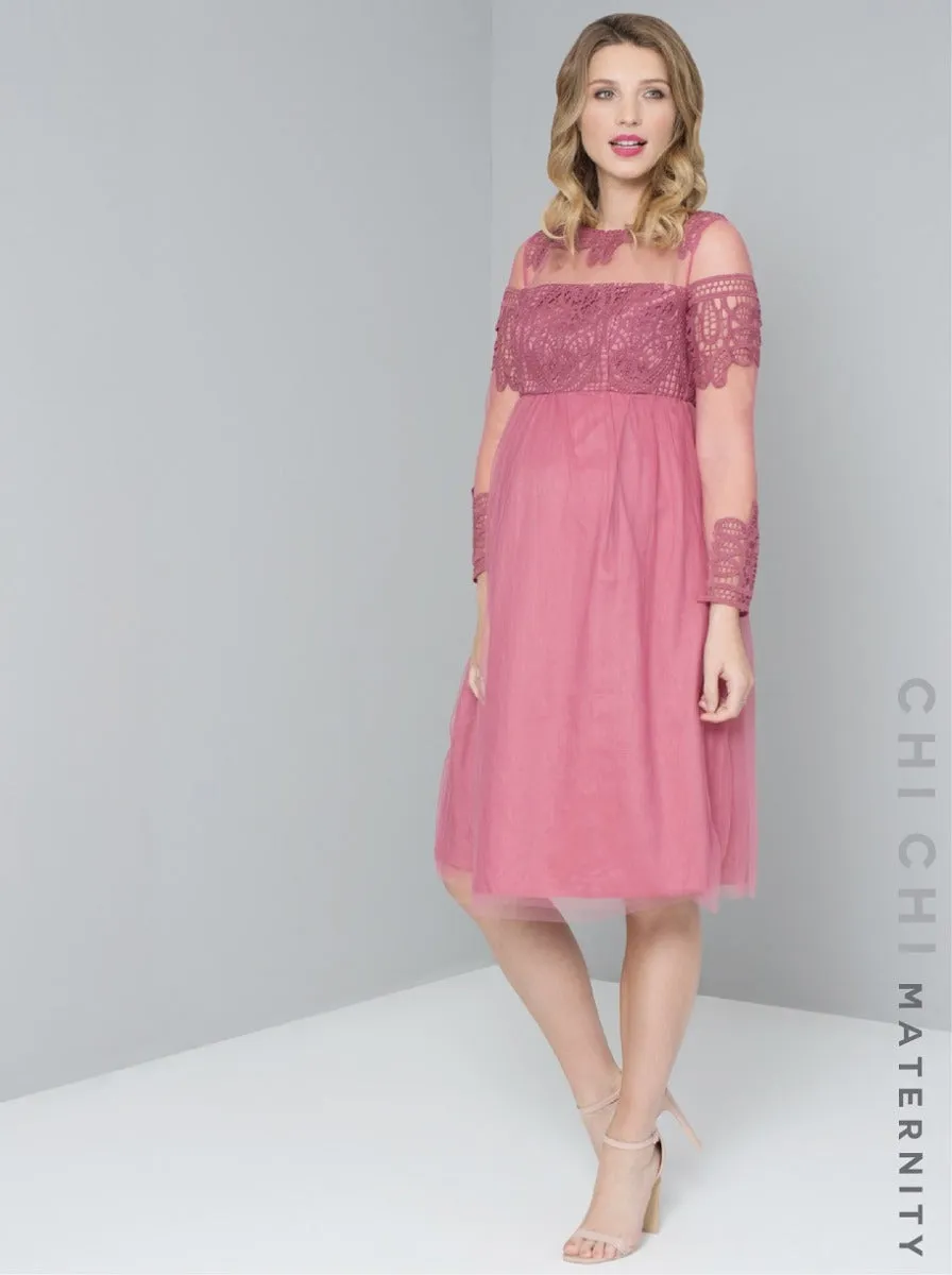 Maternity Sheer Sleeve Lace Tulle Midi Dress in Pink sold by Chi Chi London