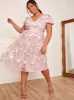 Plus Size Short Sleeve Floral Embroidered Midi Dress in Pink sold by Chi Chi London
