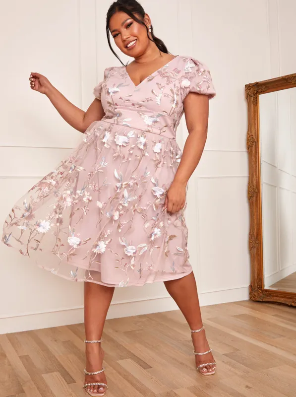 Plus Size Short Sleeve Floral Embroidered Midi Dress in Pink sold by Chi Chi London