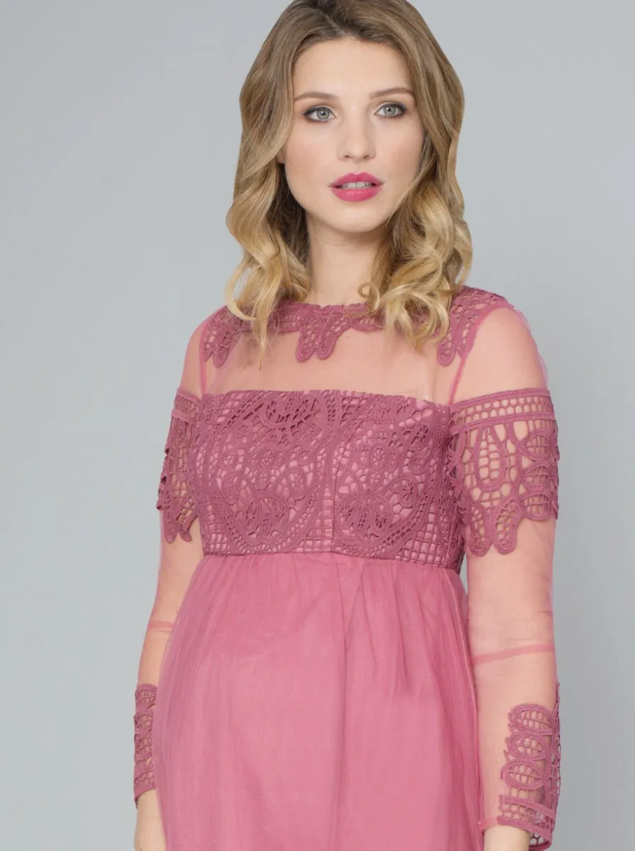 Maternity Sheer Sleeve Lace Tulle Midi Dress in Pink sold by Chi Chi London product image thumbnail 2